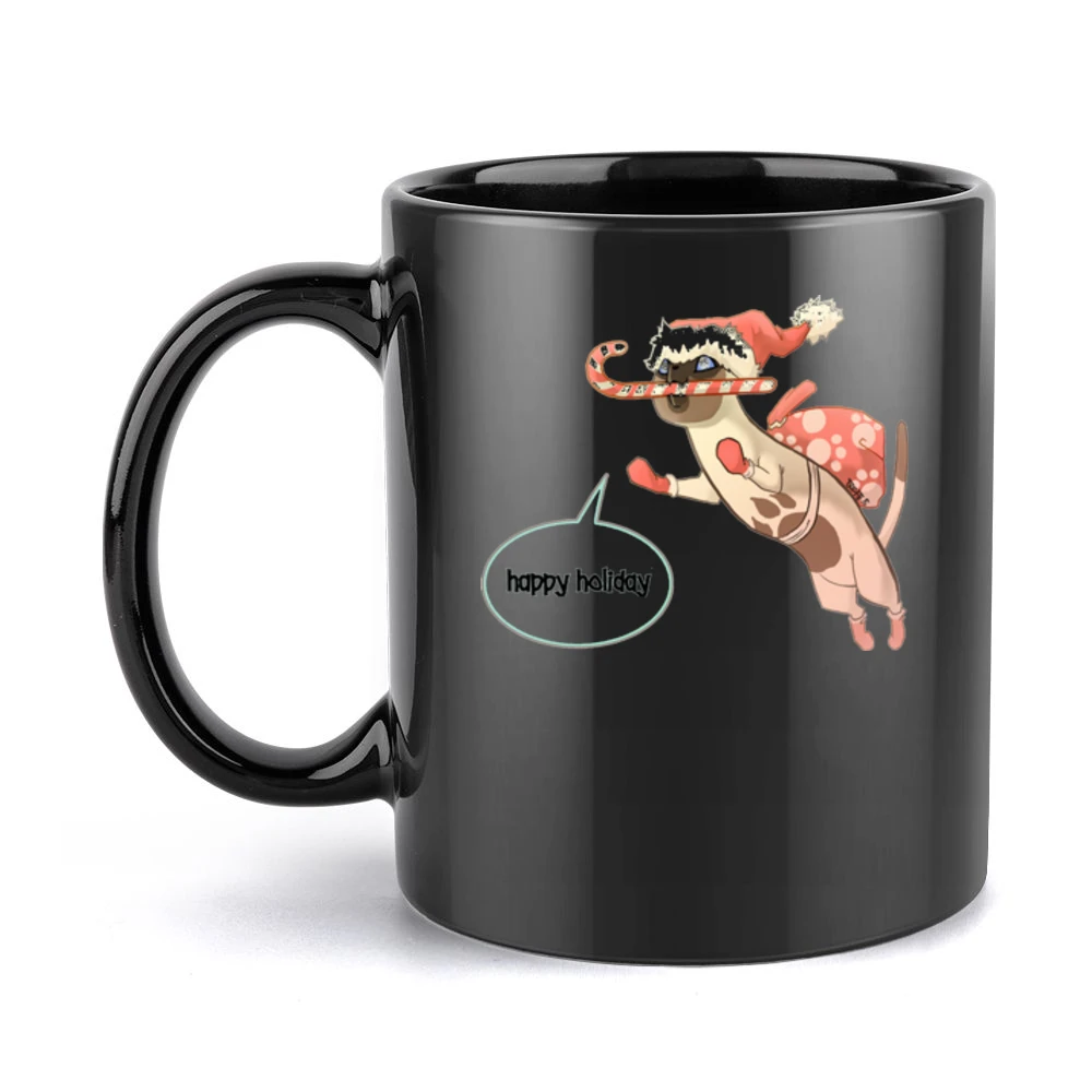 Happy Holiday Cat Cartoon Black Mug