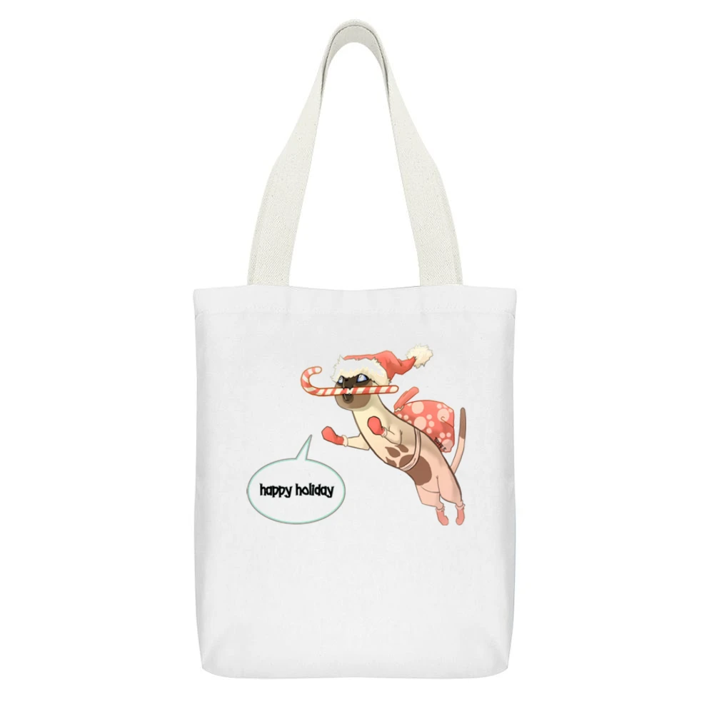 Happy Holiday Cat Cartoon White Canvas Tote Shopping Bag With Interior Pocket