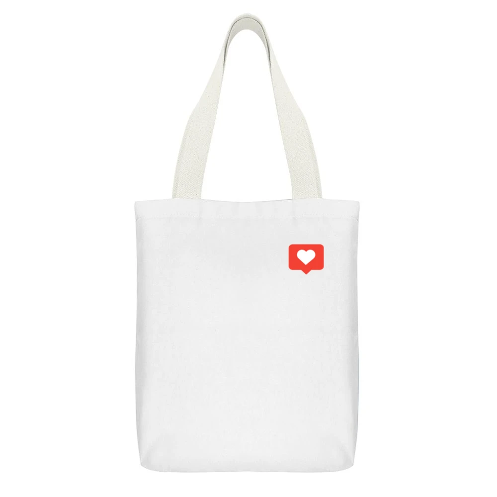 Heart Bubble Instagram Sticker Graphic Ladies White Canvas Tote Shopping Bag With Interior Pocket
