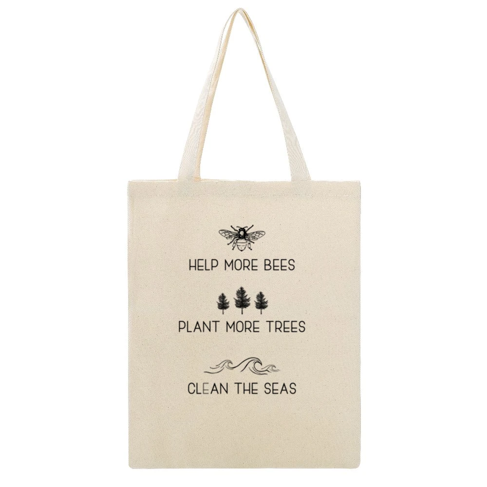 Help More Bees Plant More Trees Clean The Seas Popular Graphic Fashion Beige Canvas Tote Shopping Bag