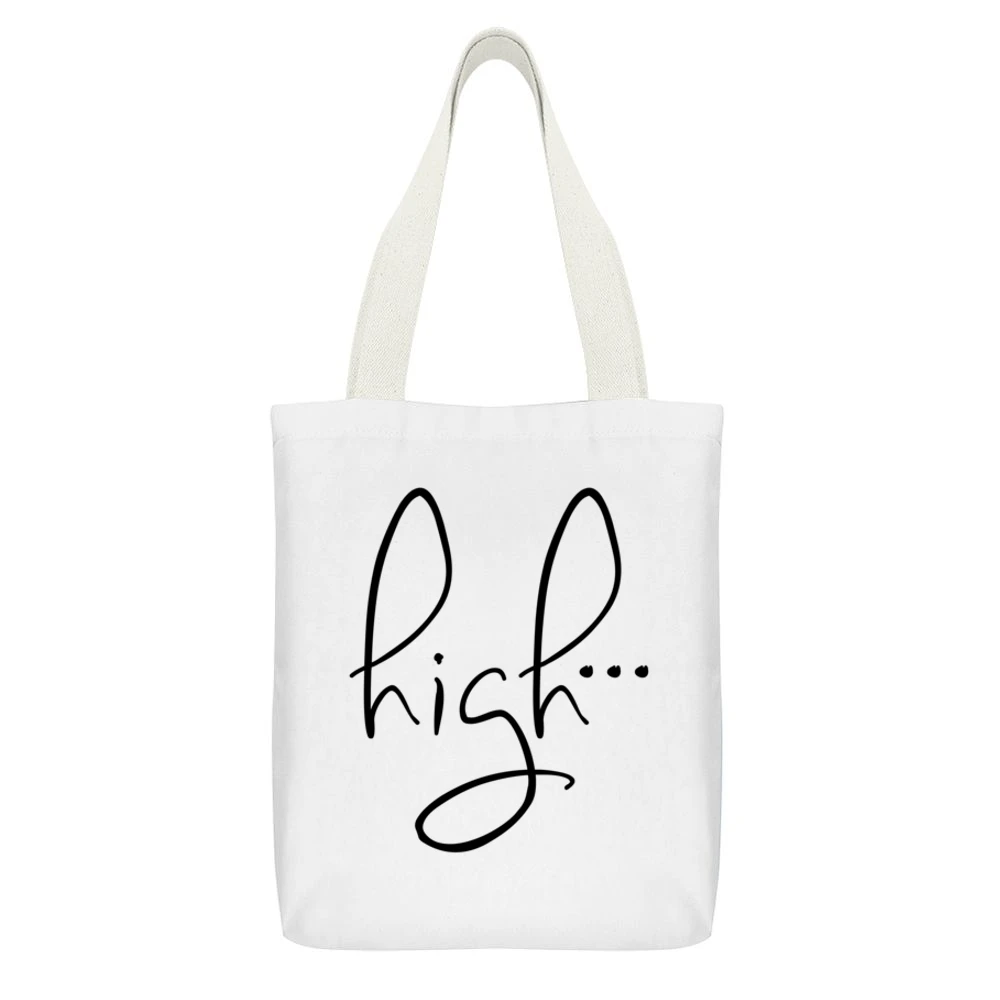 High Fun Party Graphic Tee Shirt White Canvas Tote Shopping Bag With Interior Pocket