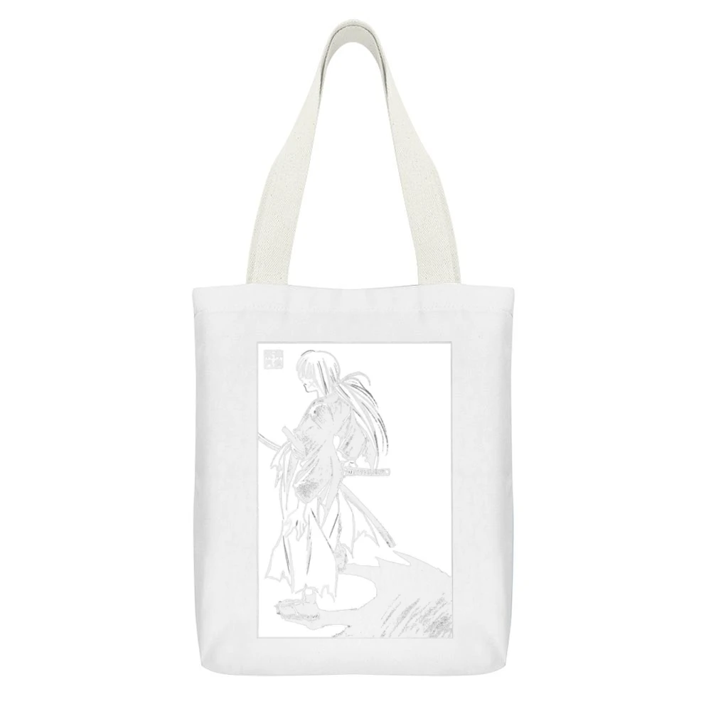 Himura Batosai Rurouni Kenshin Samurai x White Canvas Tote Shopping Bag With Interior Pocket