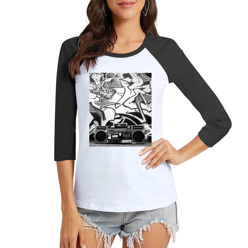 Hip Hip Ghetto Blaster Tshirt (All styles and colors available) Women Ladies 3-4 Sleeve T-Shirt