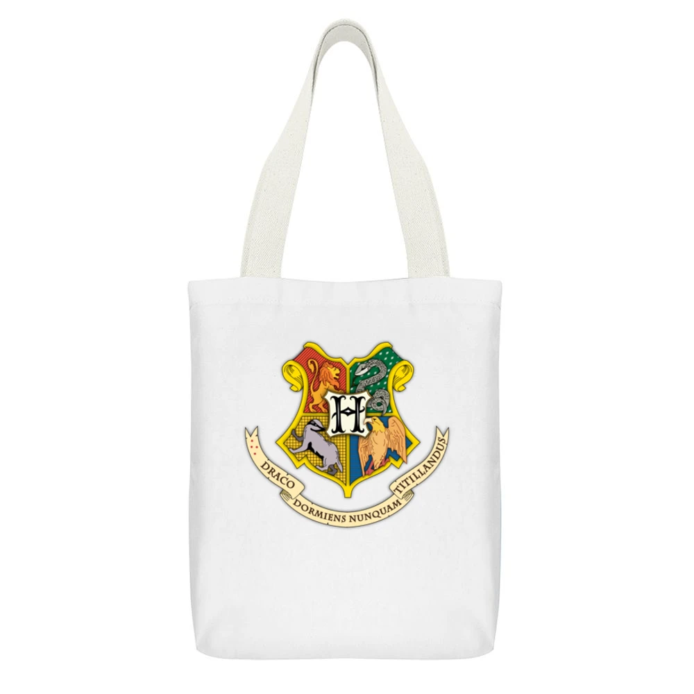 Hogwarts Coat Of Arms Harry Potter Movie White Canvas Tote Shopping Bag With Interior Pocket