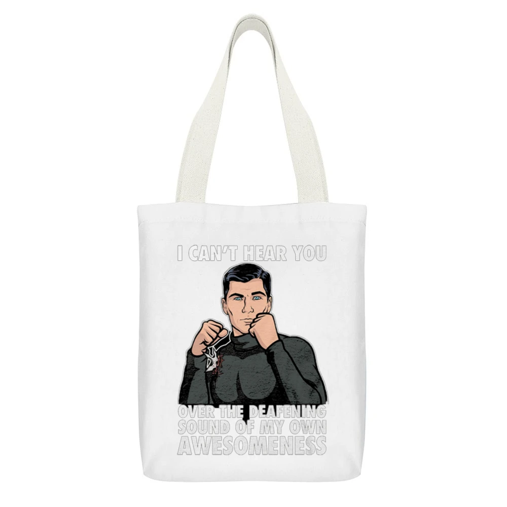 I Can't Hear You Awesomeness Funny Archer Quote Graphic White Canvas Tote Shopping Bag With Interior Pocket