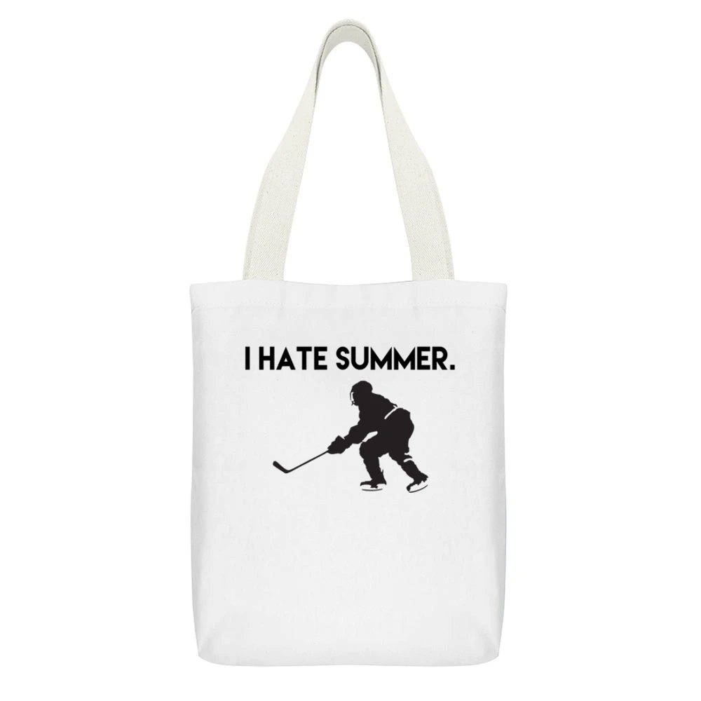 I Hate Summer Fun Ice Hockey Love Winter Sports Graphic White Canvas Tote Shopping Bag With Interior Pocket