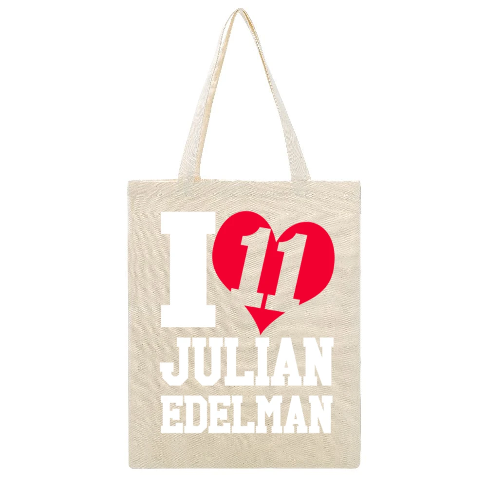 I Heart Love Julian Edelman 11 Fun New England Football Fan Graphic T Beige Canvas Tote Shopping Bag