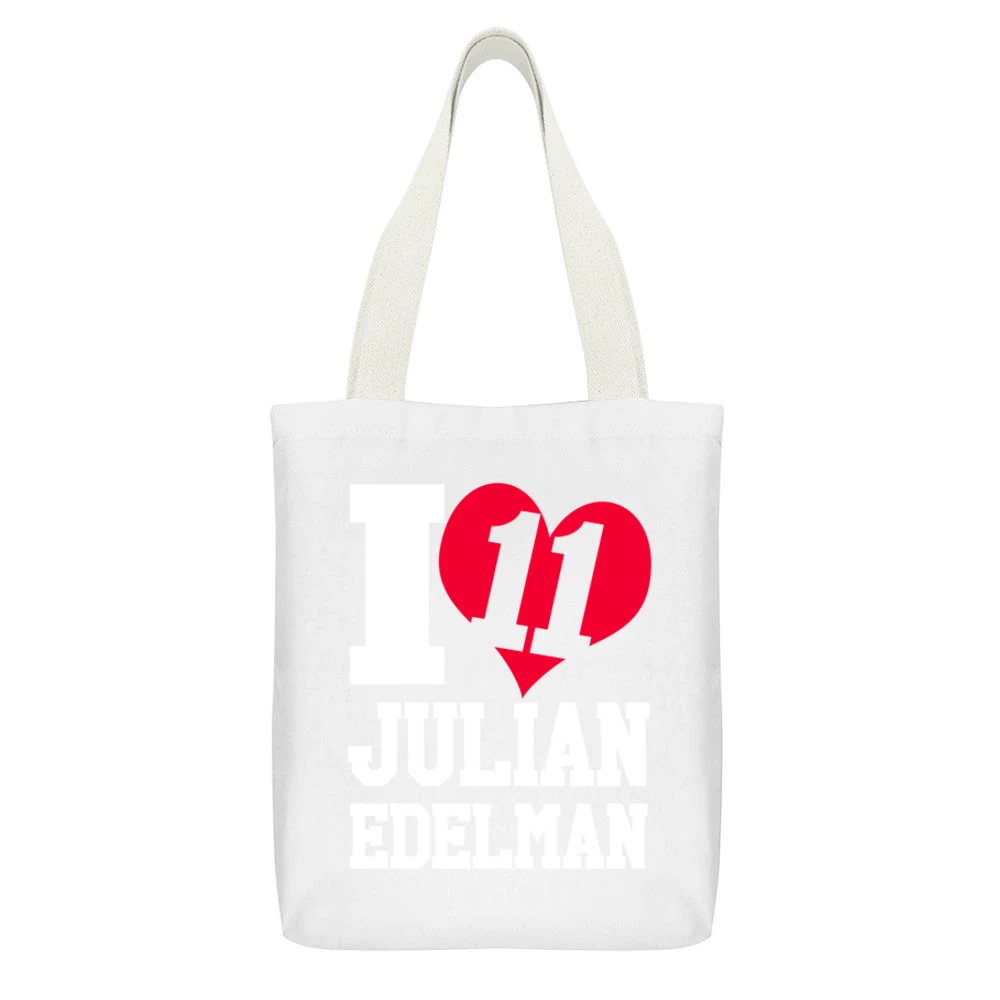 I Heart Love Julian Edelman 11 Fun New England Football Fan Graphic T White Canvas Tote Shopping Bag With Interior Pocket