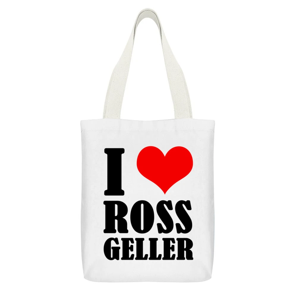 I Heart Love Ross Geller Fun Friends Popular TV Show White Canvas Tote Shopping Bag With Interior Pocket