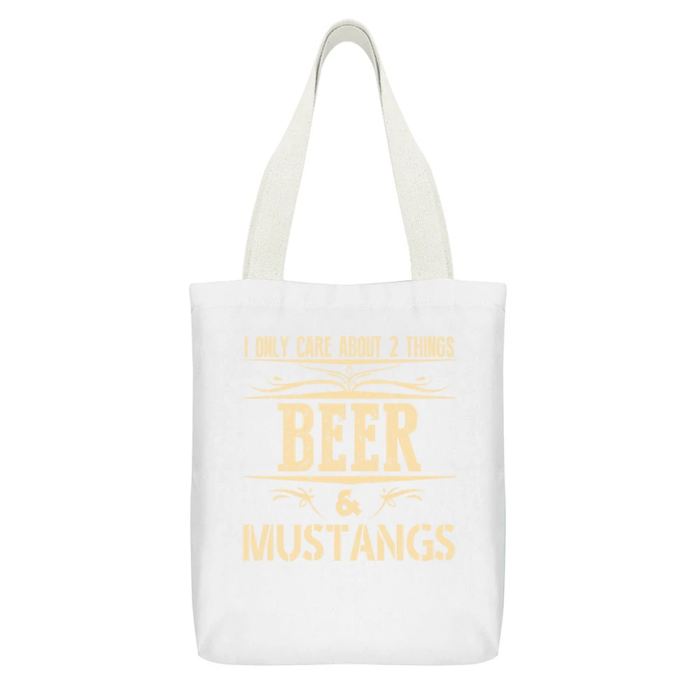 I Only Care About 2 Things Beer And Mustangs White Canvas Tote Shopping Bag With Interior Pocket