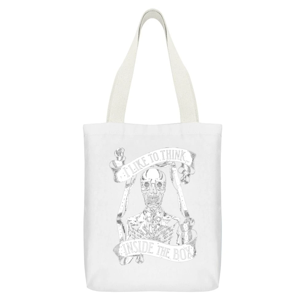 I like to think inside the box - Funny Skeleton in the coffin White Canvas Tote Shopping Bag With Interior Pocket