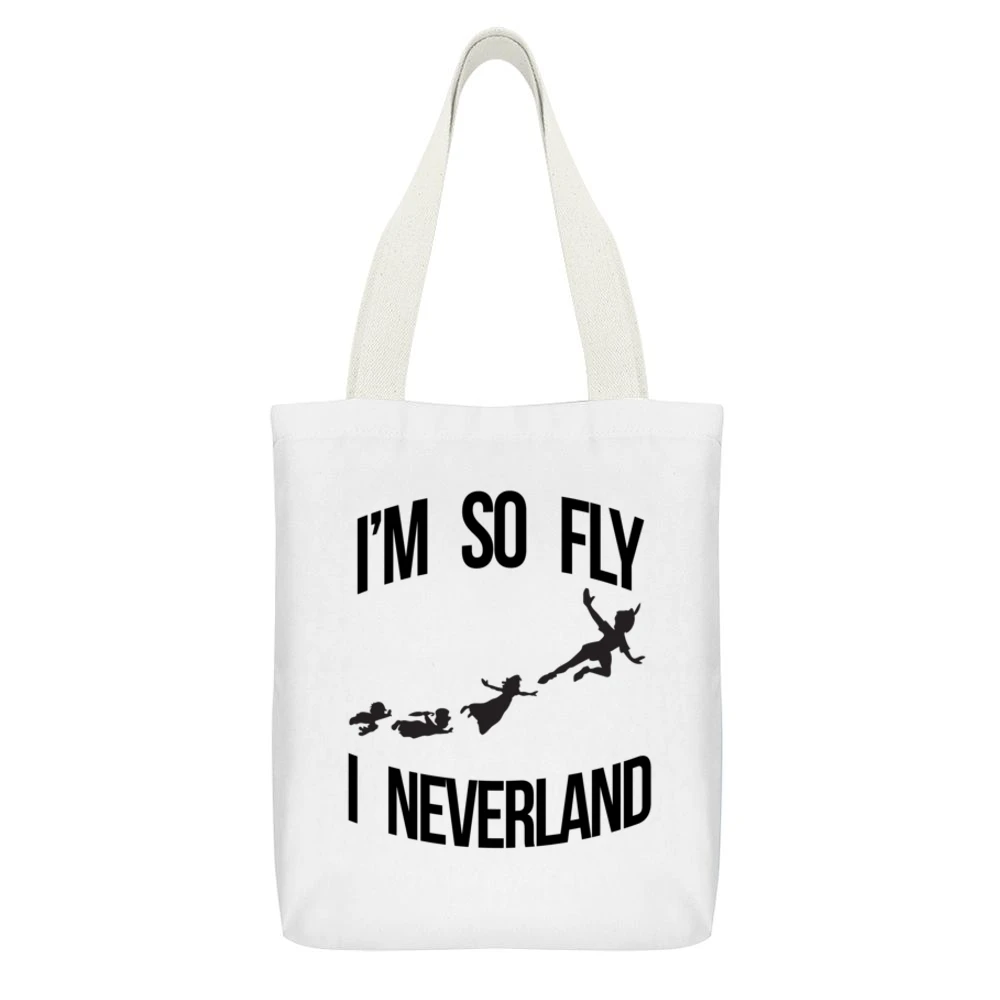 Im So Fly I Neverland Funny Peter Pan Pun Disney Graphic White Canvas Tote Shopping Bag With Interior Pocket