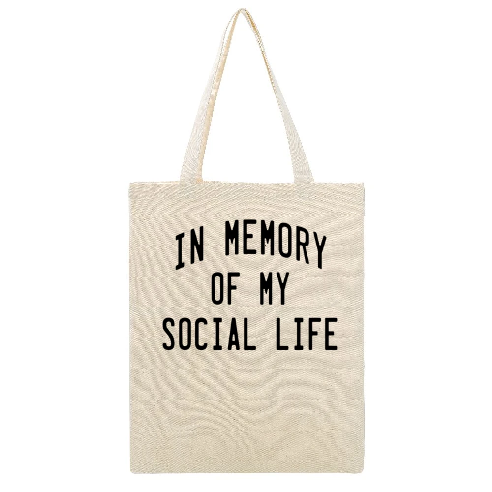 In Memory Of My Social Life Funny Graphic Beige Canvas Tote Shopping Bag