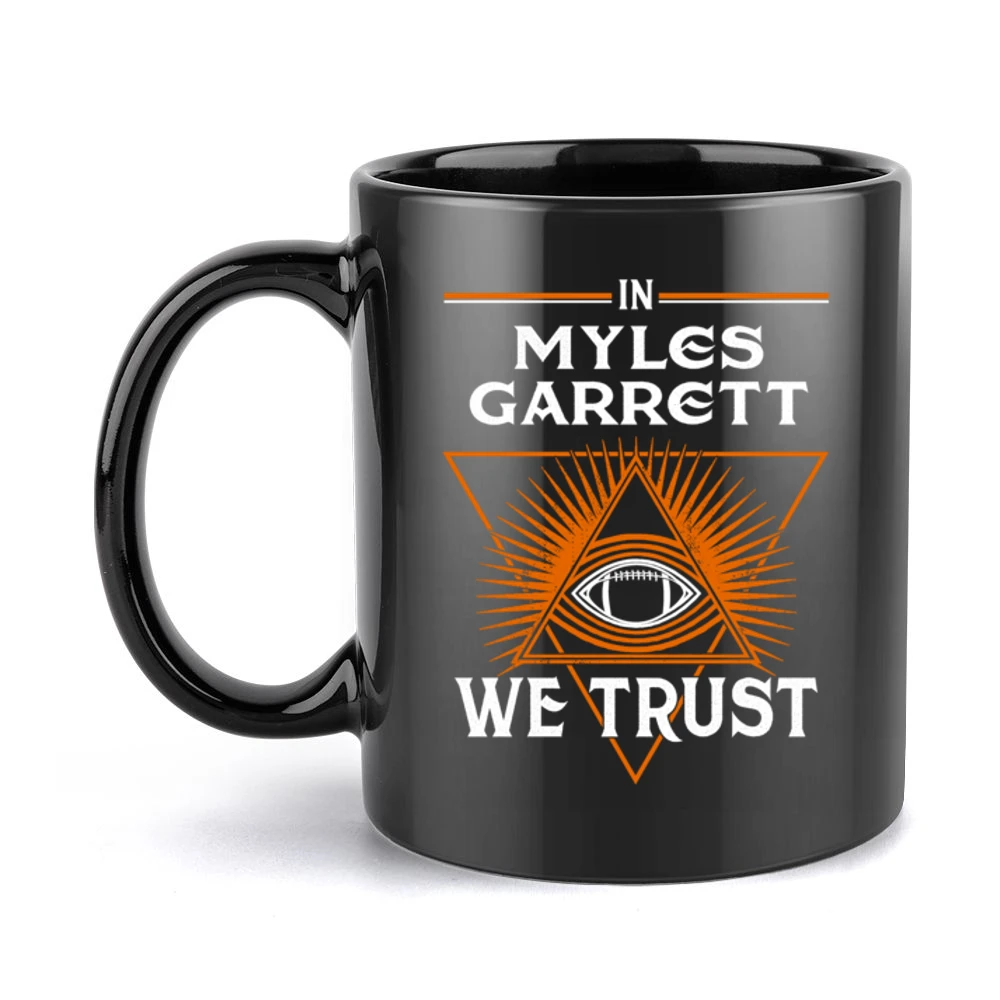 In Myles Garrett We Trust Cleveland Football Helmet Swing Suspension F Black Mug