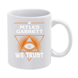 In Myles Garrett We Trust Cleveland Football Helmet Swing Suspension F White Mug