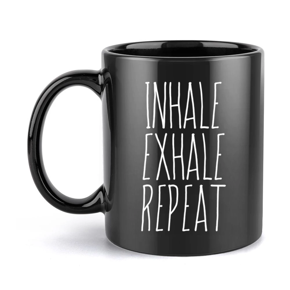 Inhale Exhale Repeat Fun Breathe Graphic Tee Shirt Black Mug