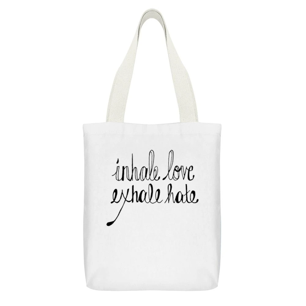 Inhale Love Exhale Hate Cool Popular Instagram Blog Graphic White Canvas Tote Shopping Bag With Interior Pocket