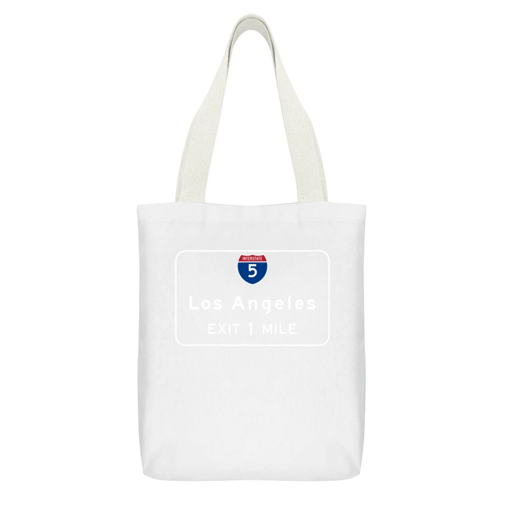 Interstate 5 Highway Sign Los Angeles California Exit 1 Mile Graphic T White Canvas Tote Shopping Bag With Interior Pocket
