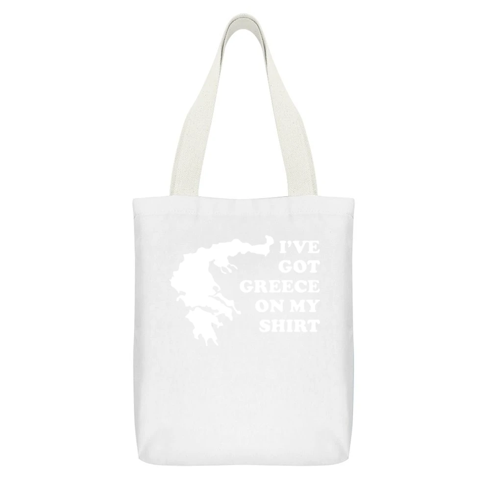I've Got Greece On My Shirt Funny White Canvas Tote Shopping Bag With Interior Pocket
