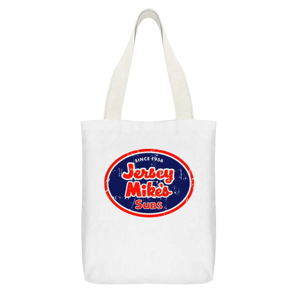 Jersey Mikes Subs Fast Food Restaurant Distressed Look White Canvas Tote Shopping Bag With Interior Pocket