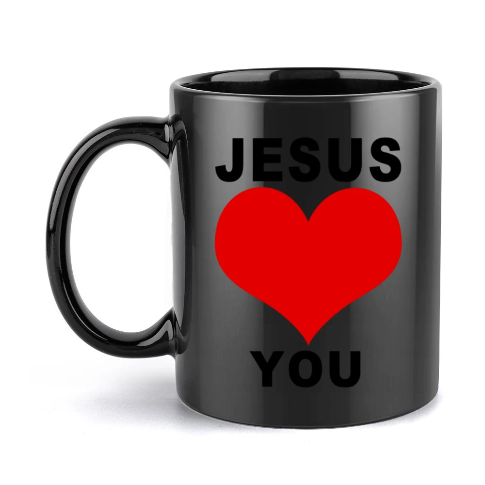 Jesus Loves You Fun Heart Graphic Tee Shirt Black Mug