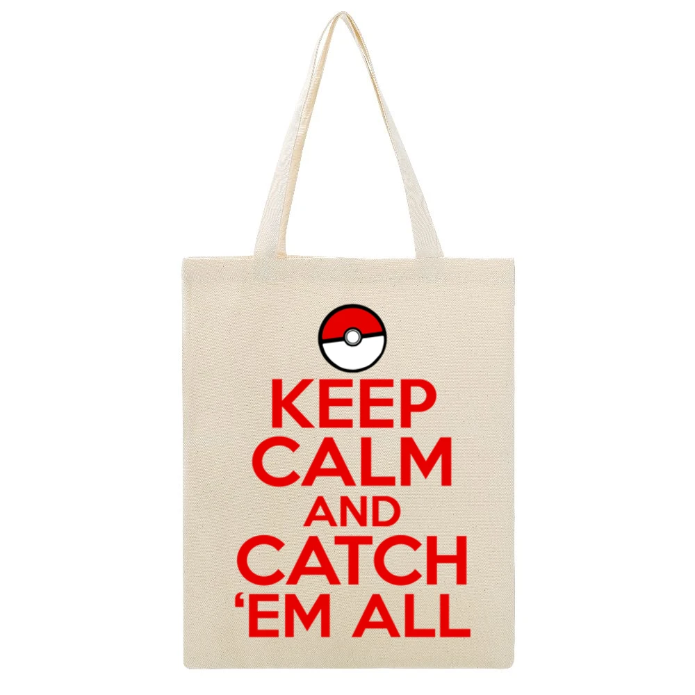Keep Calm And Catch Em All Funny Pokemon Graphic Beige Canvas Tote Shopping Bag