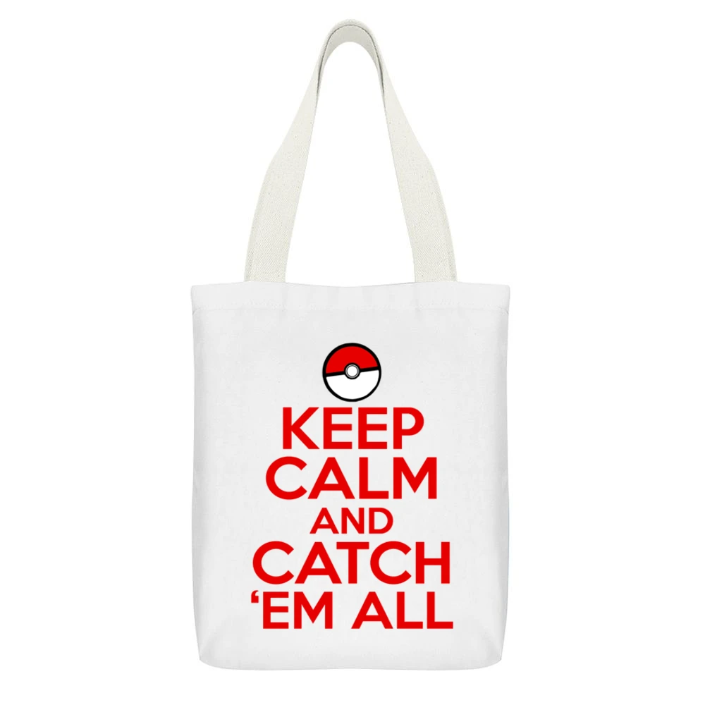 Keep Calm And Catch Em All Funny Pokemon Graphic White Canvas Tote Shopping Bag With Interior Pocket