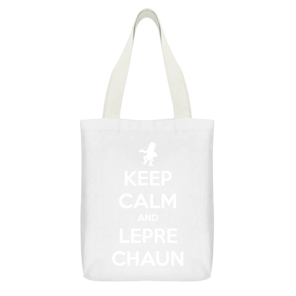 Keep Calm And Leprechaun Funny St Patricks Day White Canvas Tote Shopping Bag With Interior Pocket