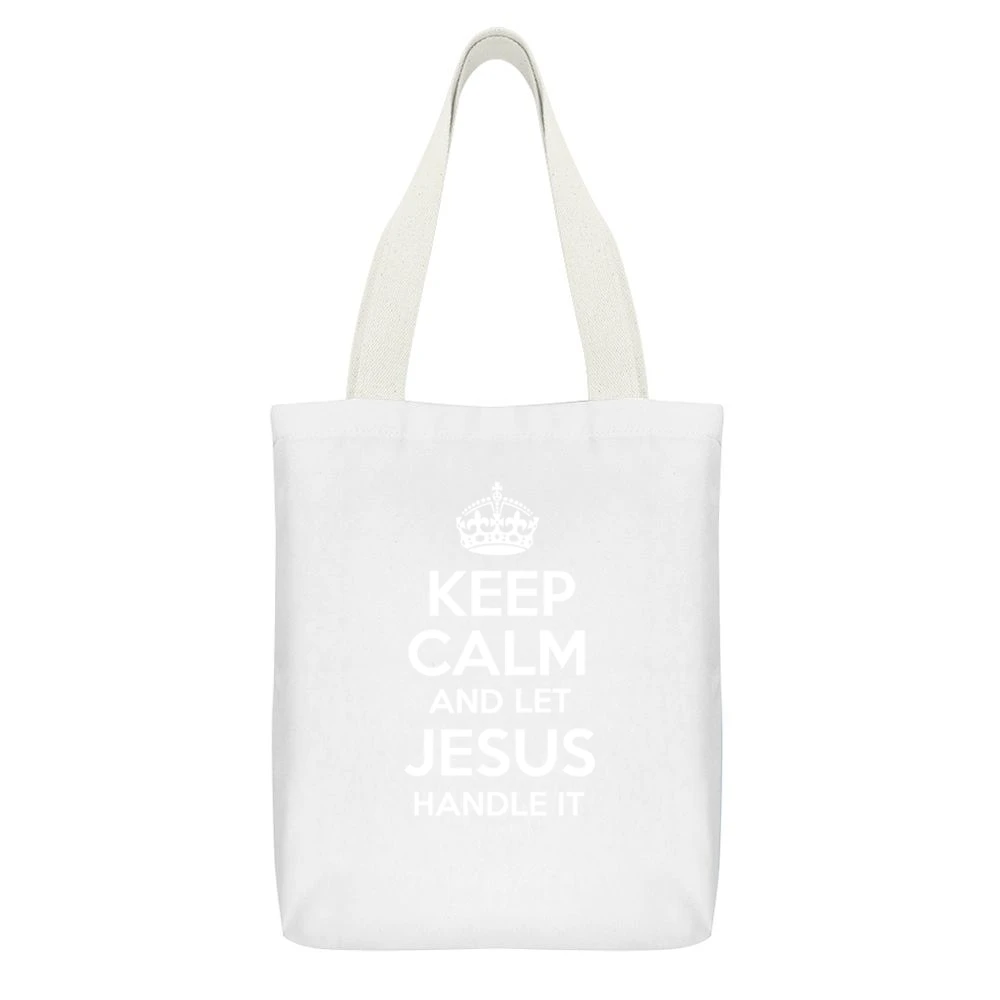 Keep Calm And Let Jesus Handle It Tshirt White Canvas Tote Shopping Bag With Interior Pocket