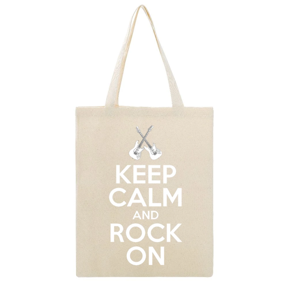 Keep Calm And Rock On Fun Rock N Roll Music Graphic Beige Canvas Tote Shopping Bag