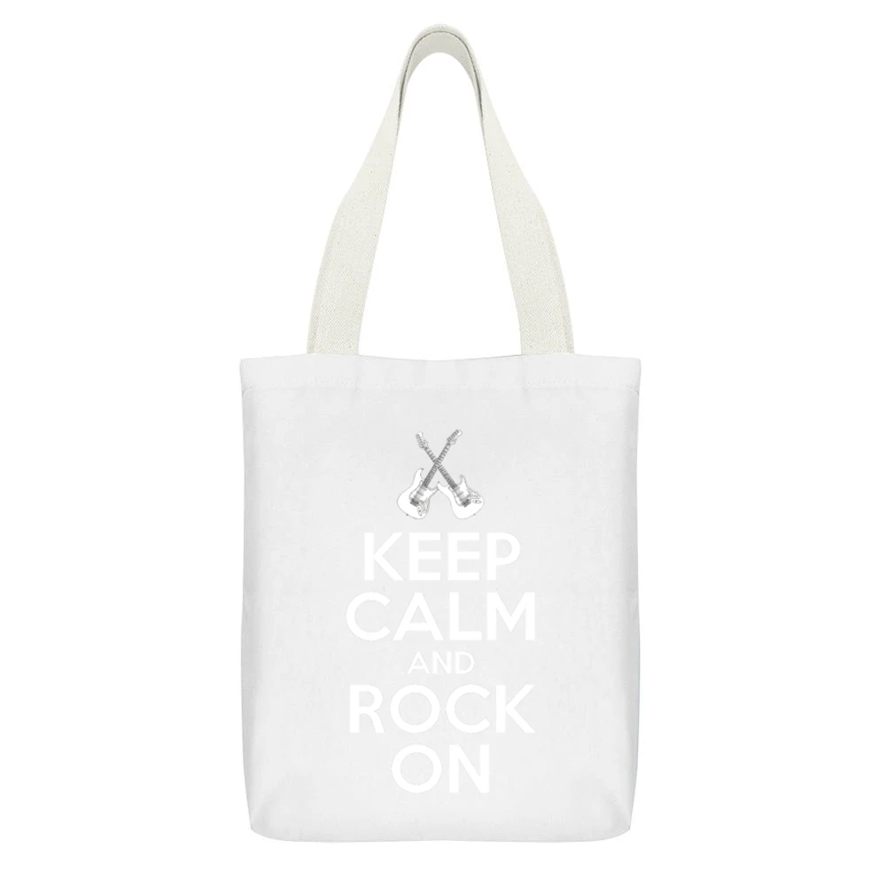 Keep Calm And Rock On Fun Rock N Roll Music Graphic White Canvas Tote Shopping Bag With Interior Pocket