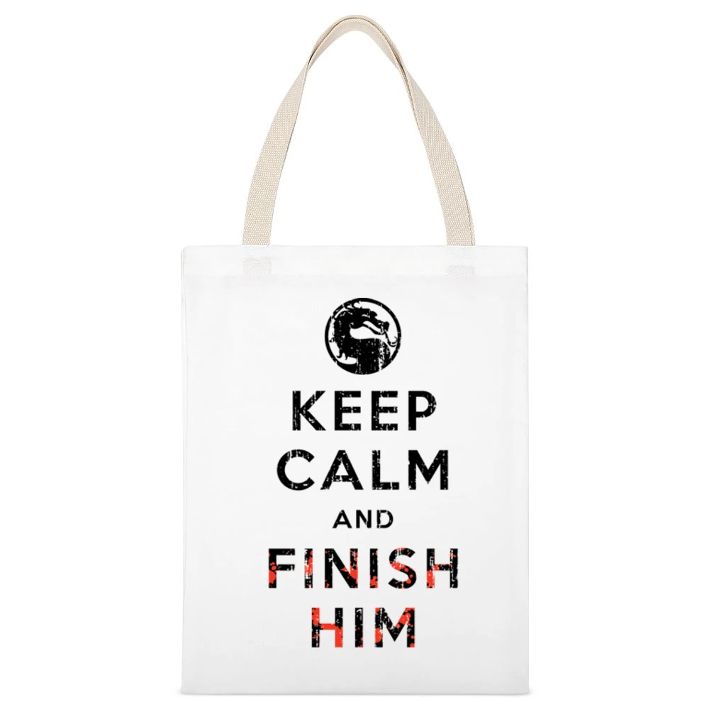 Keep Calm and Finish Him Mortal Kombat Funny Video Game White Canvas Tote Shopping Bag