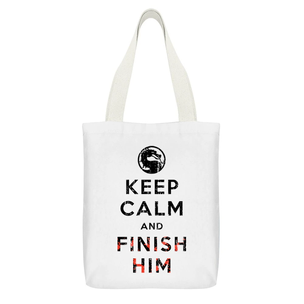 Keep Calm and Finish Him Mortal Kombat Funny Video Game White Canvas Tote Shopping Bag With Interior Pocket