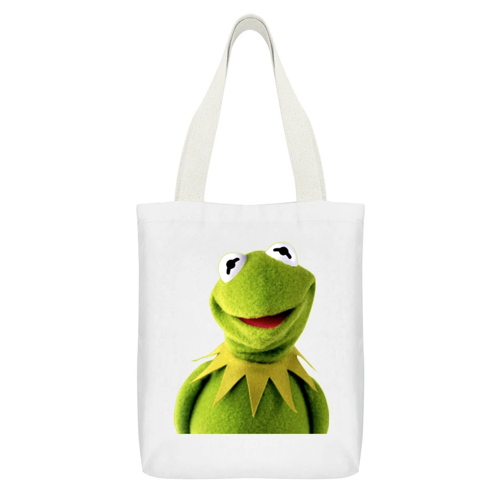 Kermit The Frog Muppets White Canvas Tote Shopping Bag With Interior Pocket