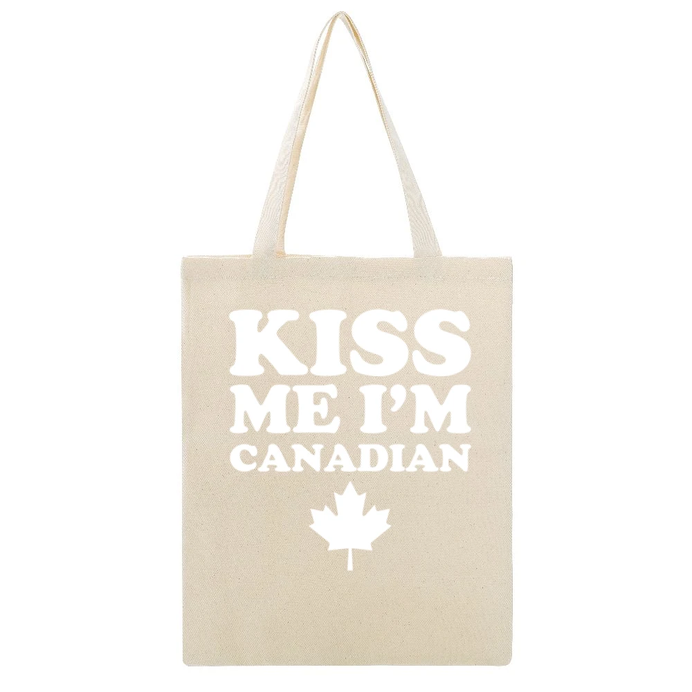 Kiss Me Im Canadian Fun Canada Day Celebrate 150 Maple Leaf Graphic Te Beige Canvas Tote Shopping Bag