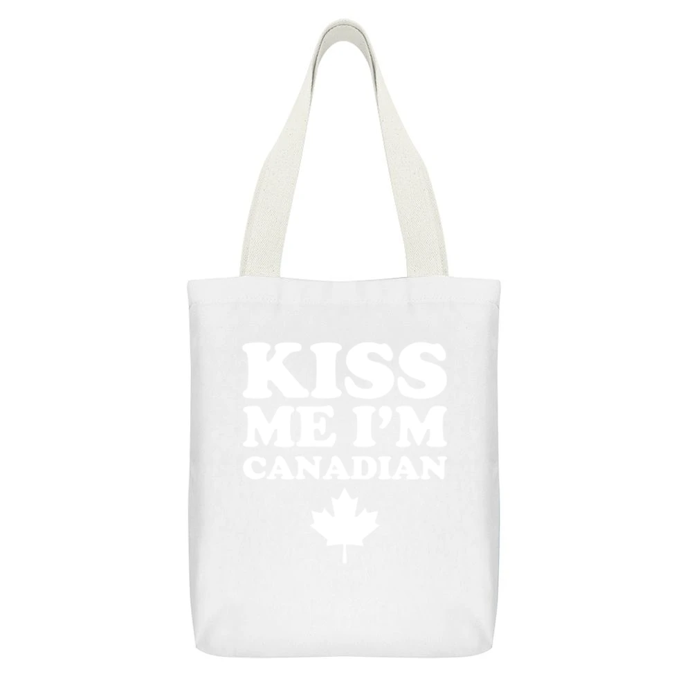 Kiss Me Im Canadian Fun Canada Day Celebrate 150 Maple Leaf Graphic Te White Canvas Tote Shopping Bag With Interior Pocket