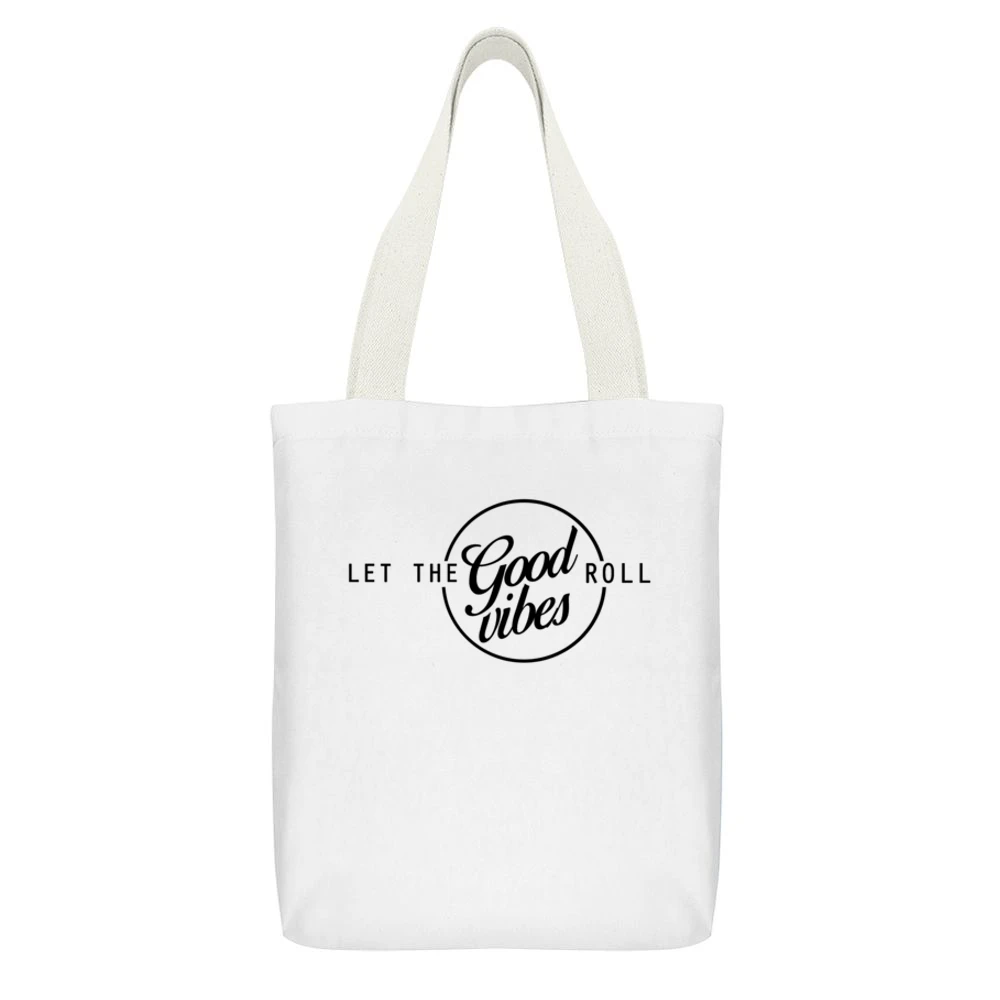 Let The Good Vibes Roll Trending Popular Graphic Design White Canvas Tote Shopping Bag With Interior Pocket