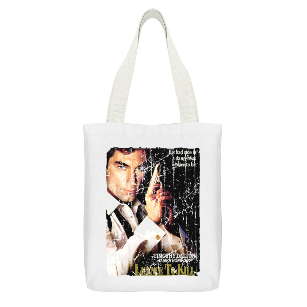 Licence To Kill Movie Poster Retro Aged Look White Canvas Tote Shopping Bag With Interior Pocket