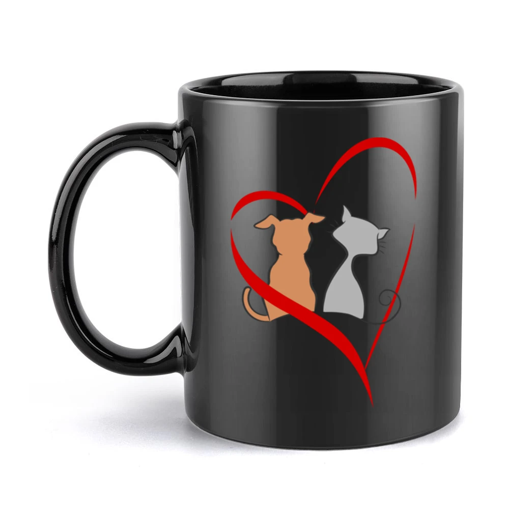 Lobe is every where cat and dog make peace heart red Black Mug