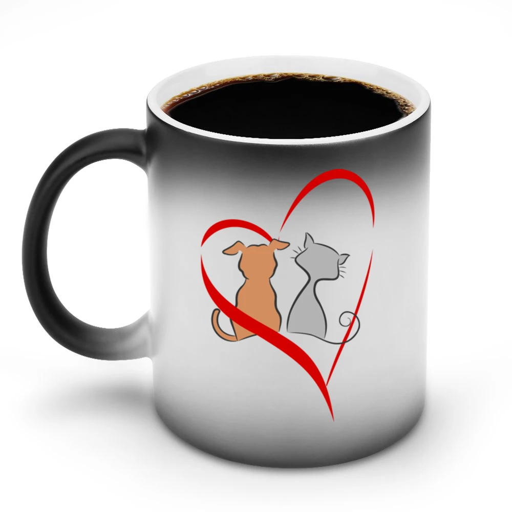 Lobe is every where cat and dog make peace heart red Discoloration Mug
