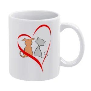 Lobe is every where cat and dog make peace heart red White Mug