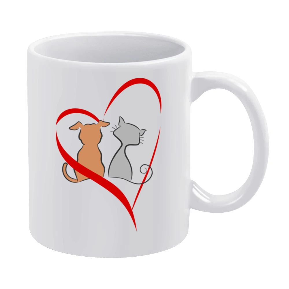 Lobe is every where cat and dog make peace heart red White Mug