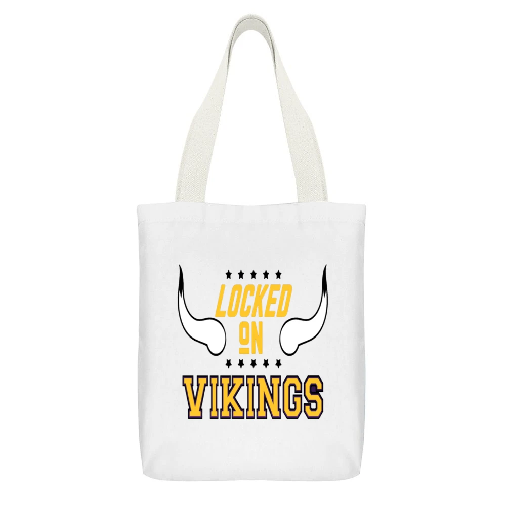 Locked On Vikings Football (all Styles And Colors Available) White Canvas Tote Shopping Bag With Interior Pocket
