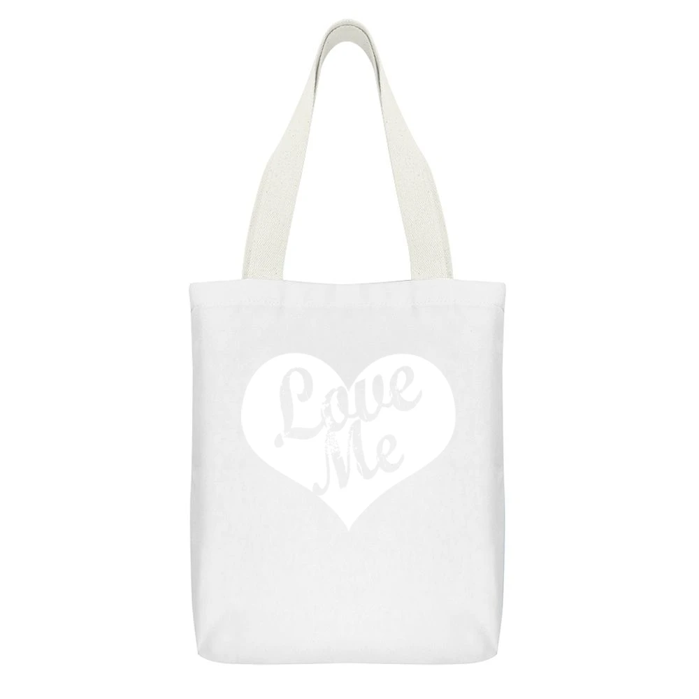 Love Me Vintage Style Heart Cute Tee Shirt White Canvas Tote Shopping Bag With Interior Pocket