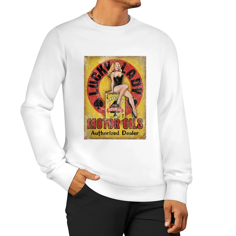 Lucky Lady Vintage Motor Oils Authorized Dealer Fun Distressed Car Lov Men Pullover Sweatshirt