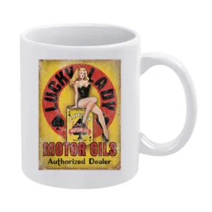Lucky Lady Vintage Motor Oils Authorized Dealer Fun Distressed Car Lov White Mug