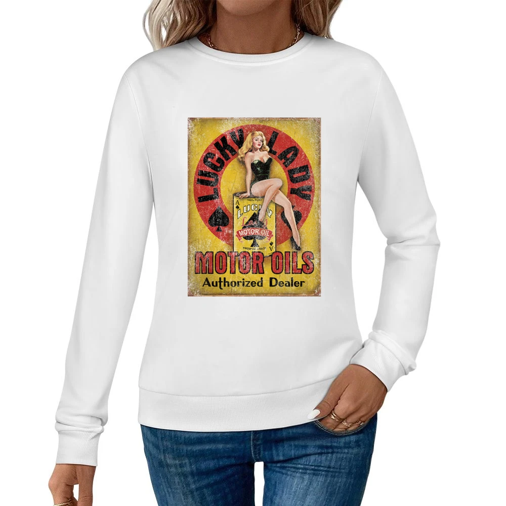 Lucky Lady Vintage Motor Oils Authorized Dealer Fun Distressed Car Lov Women Pullover Sweatshirt