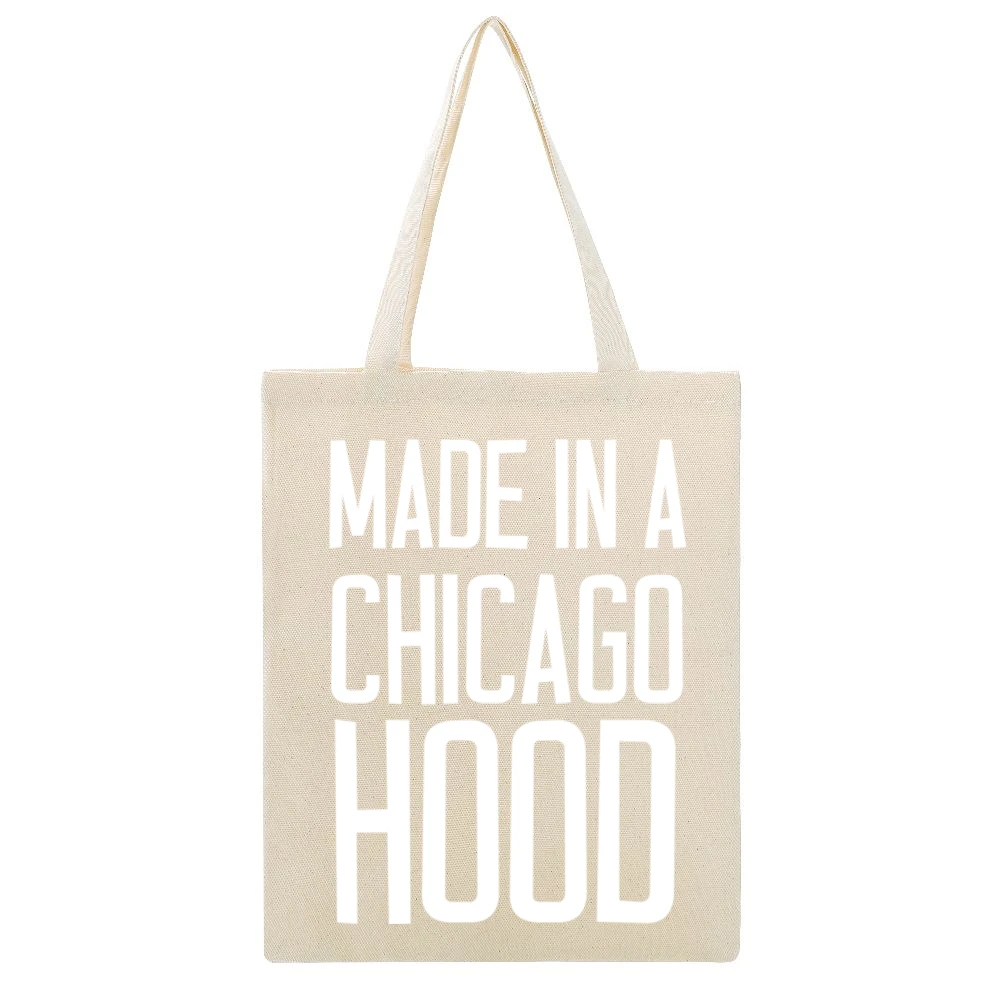 Made In A Chicago Hood Cool Urban Graphic City Beige Canvas Tote Shopping Bag