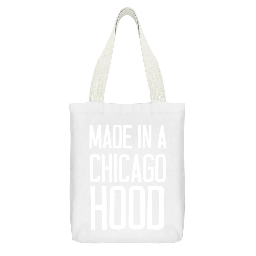 Made In A Chicago Hood Cool Urban Graphic City White Canvas Tote Shopping Bag With Interior Pocket