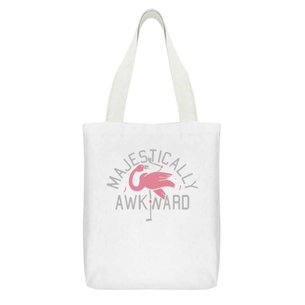 Majestically Awkward Funny Flamingo Graphic Bird Apparel White Canvas Tote Shopping Bag With Interior Pocket
